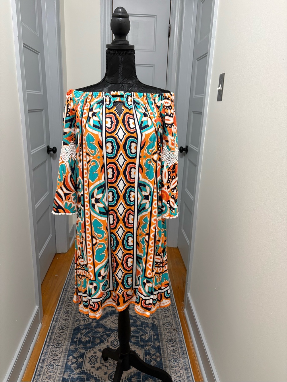 crown & ivy Teal, Orange & Black Off-Shoulder Geometric Floral Dress
